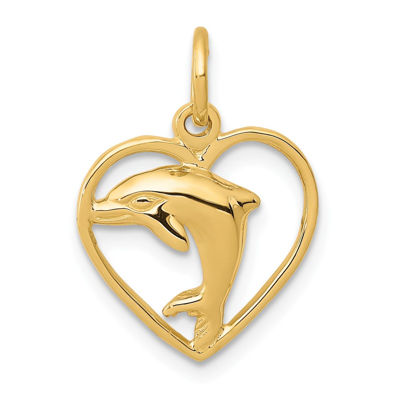 14K Yellow Gold Jumping Dolphin Heart Charm Pendant Jewerly 19mm x 14mm
